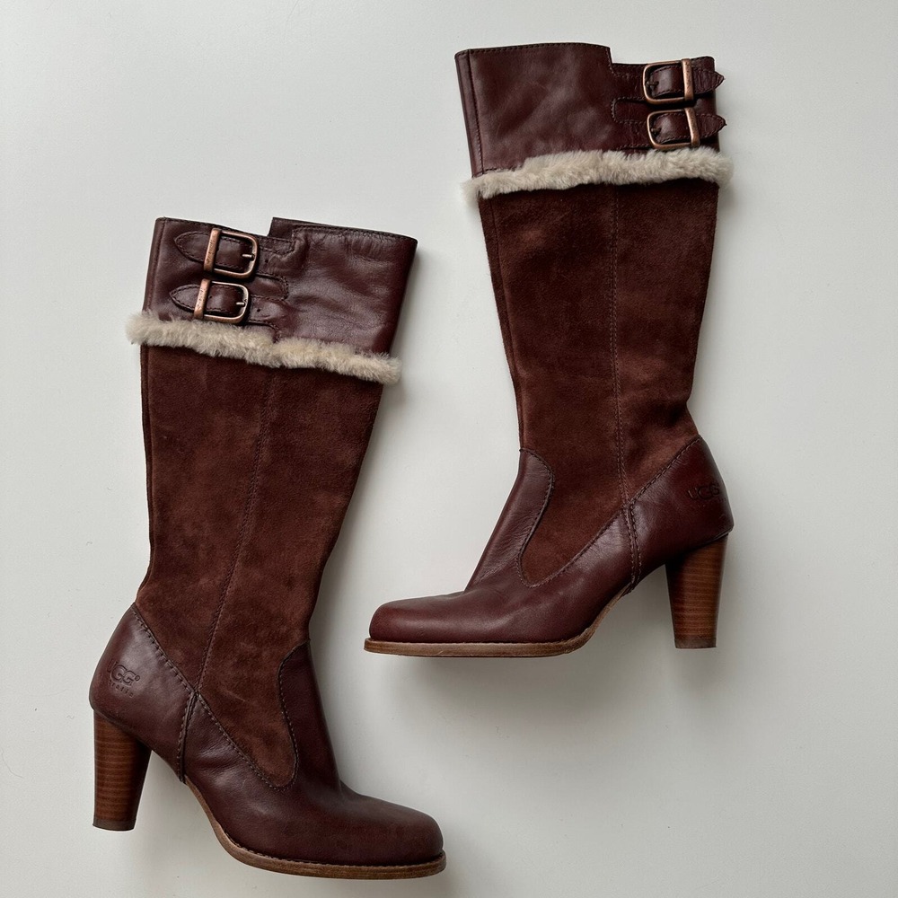 UGG Raya‎ EUC Tall Shearling Trim Wood Heel Burgundy Boots EU 36 US 5 5.5